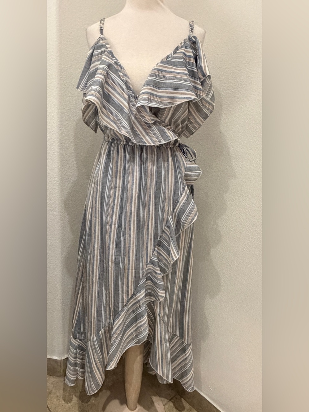 Blush Striped Ruffle Wrap High-Low Dress - Blue & White